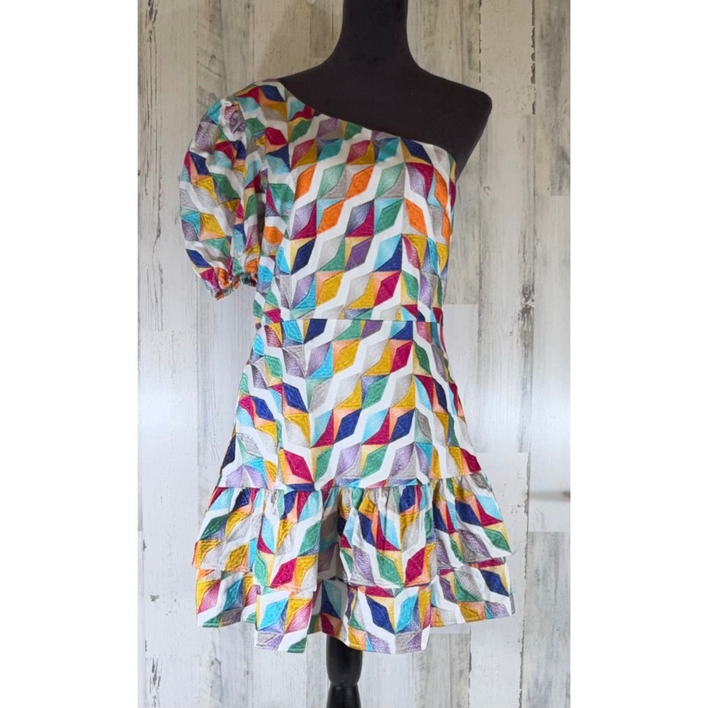 Willa Story‎ Mini Dress Large One Shoulder Embroidered Geometric Puff Sleeve